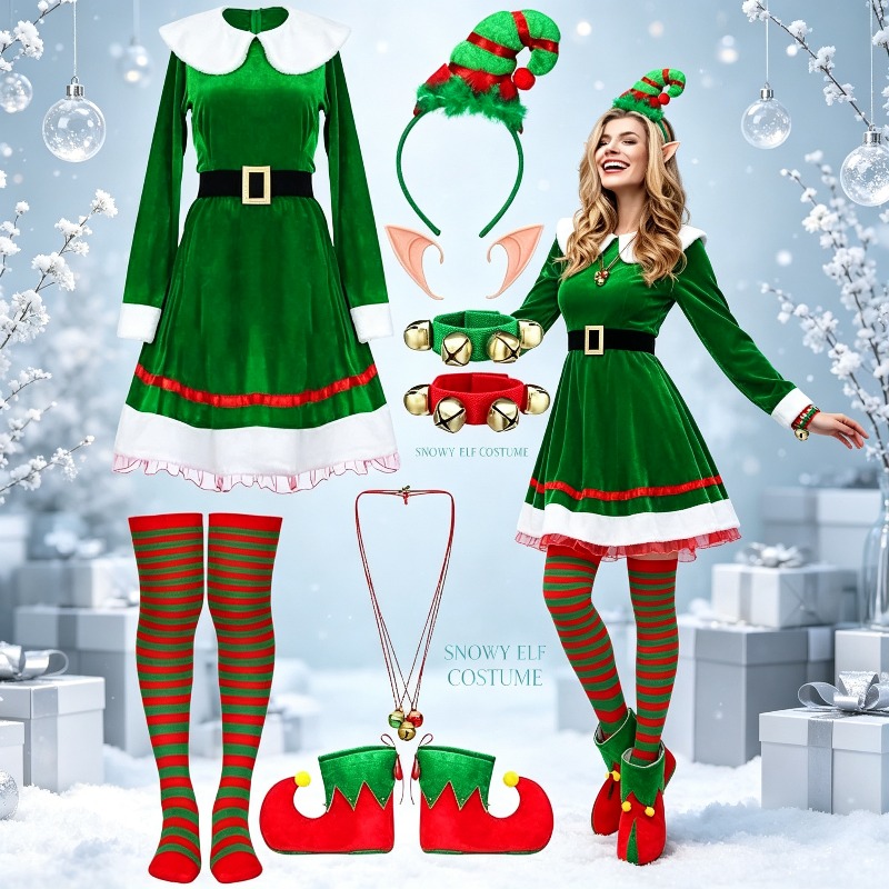 Elf Costume Christmas - Kadın Noel Elf Kostüm Seti, Kemerli