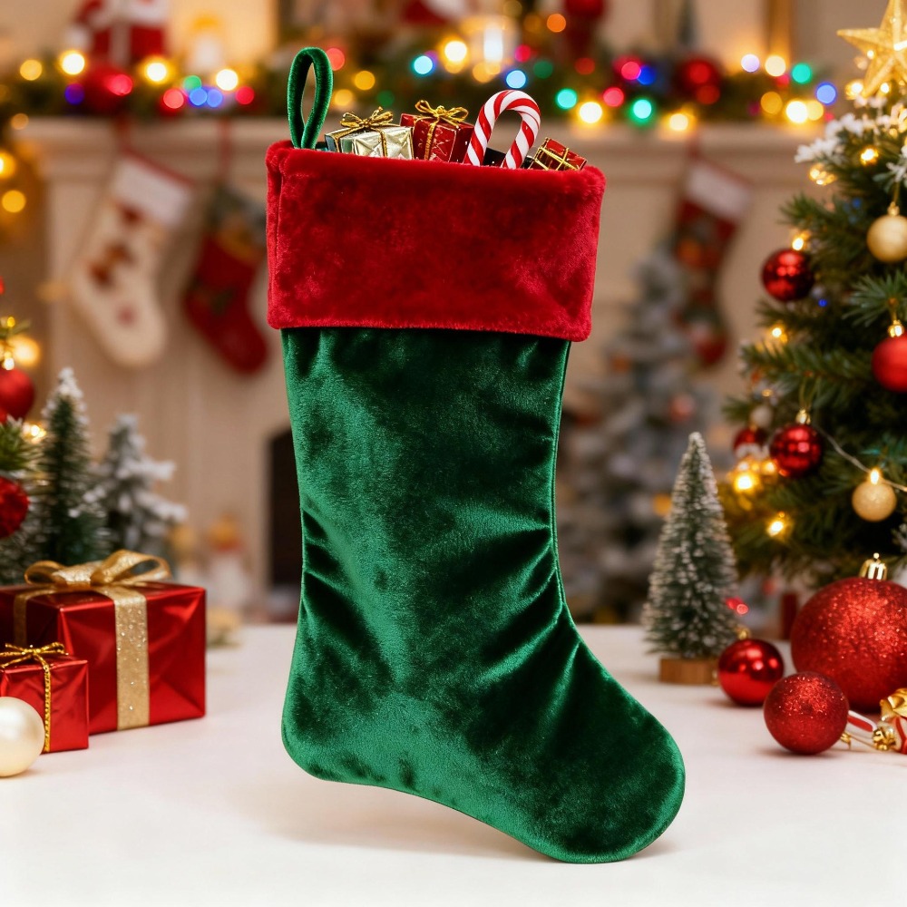 Christmas Stocking Hanging - Kırmızı Yeşil Kadife Noel Çorabı Peluş